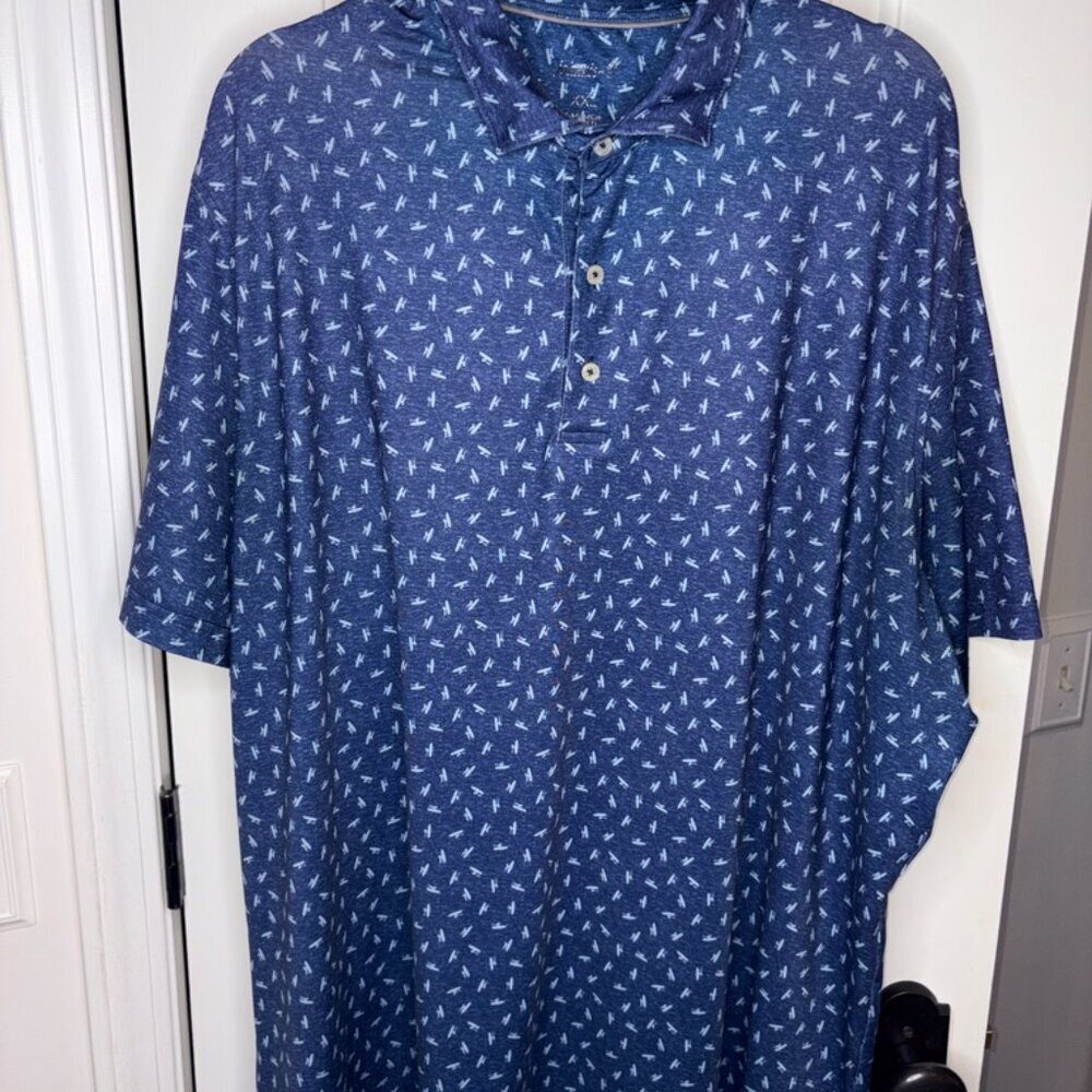 Johnnie-O Men's Performance Polo Shirt XXL Navy Surfboard Print Athletic